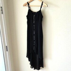 Black Slip Dress Camisole Straps High Low Hem silver tone buttons Pleated Waist